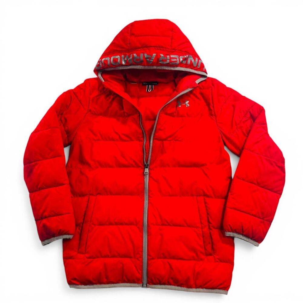 Under Armour Puffer Jacket Red Hooded Full Zip Insulated Winter Coat Size Large